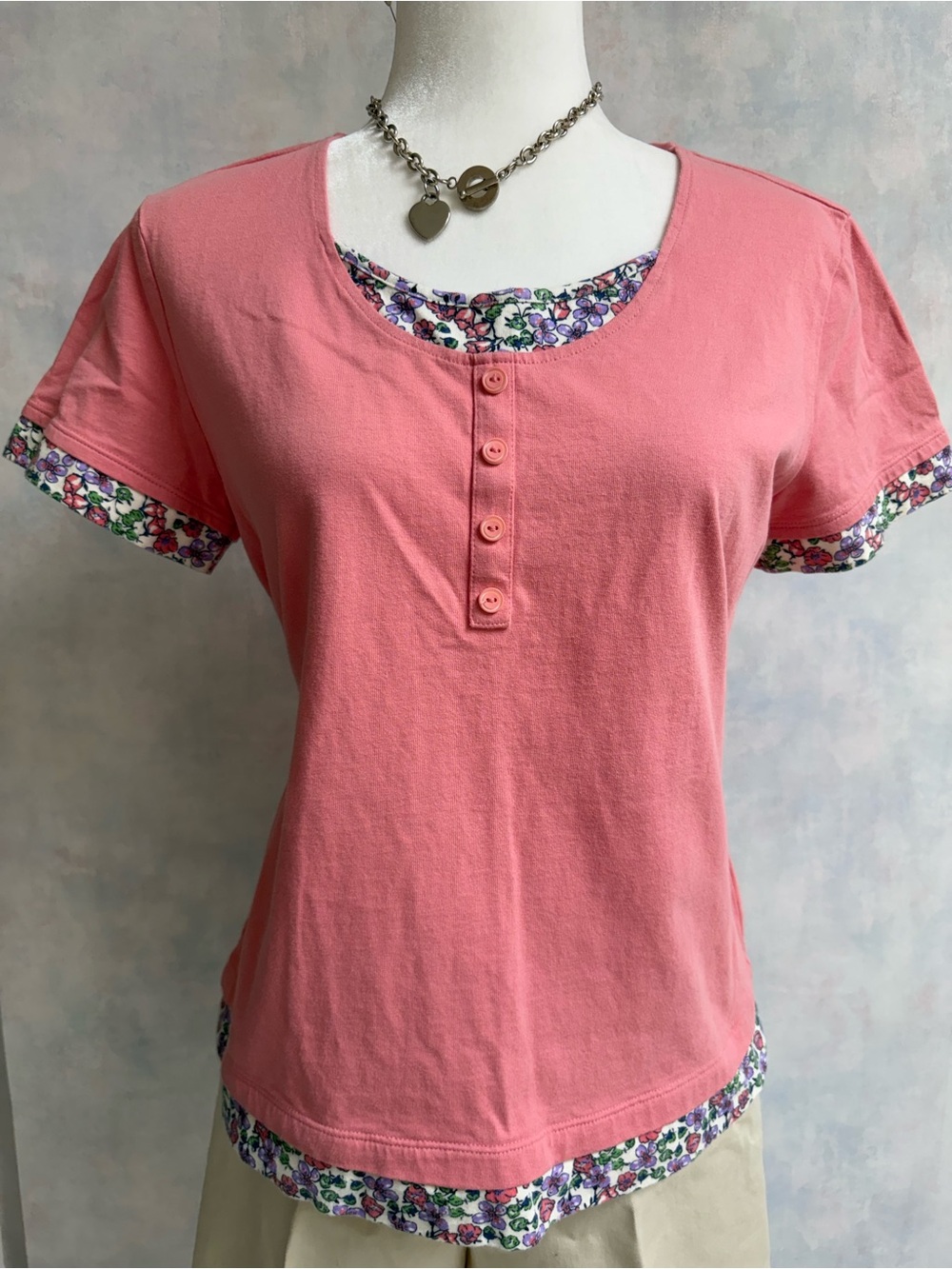 Women's Pink Short Sleeve Layered Tee with White Floral Trim by Mountain Lake